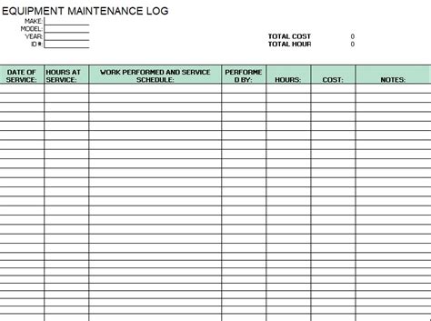 Printable Equipment Maintenance Log Template Excel Printable
