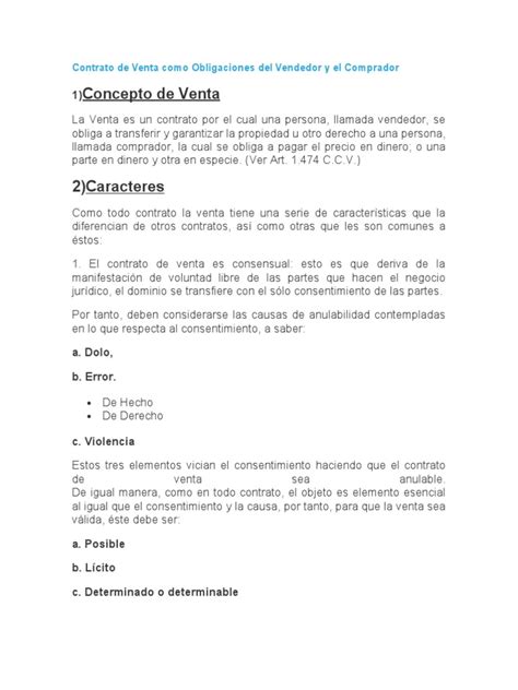 Contrato De Venta Como Obligaciones Del Vendedor Y El Comprador Pdf Derecho Contractual