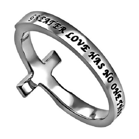 No Greater Love Ring Bible Verse Sideways Cross Stainless Steel With