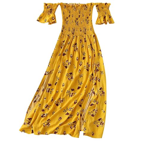 Buy Kenancy Women Ruffled Slit Boho Long Dress Off Shoulder Floral Print Midi