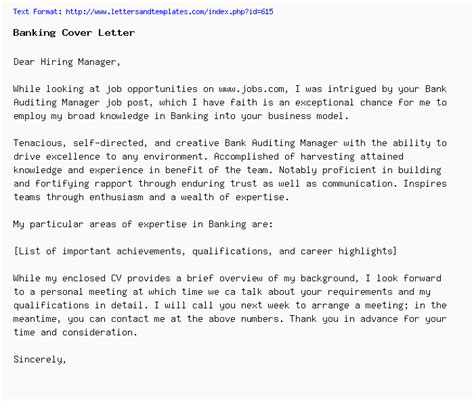 One can find a sample of a job application cover letter on many job application websites, such as monster. Banking Cover Letter / Job Application Letter