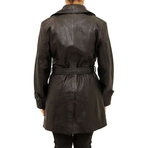 Womens Real Leather Classic Trench Coat With Belt Tie And Back Vent