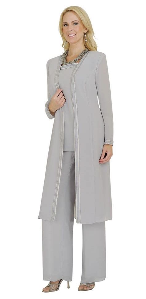 mother of the bride pants suits jackets chiffon formal tea length grey blue long pantsuits for