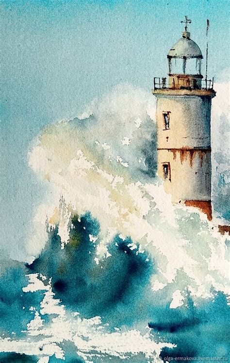 Small Painting Seascape Red And White Lighthouse In The Sea Wave