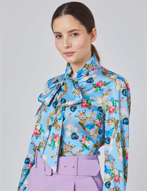 Womens Light Blue And Yellow Floral Fitted Satin Blouse Single Cuff Pussy Bow Hawes And Curtis