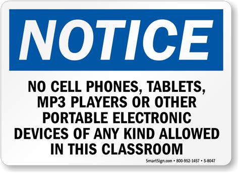 No Cell Phones Electronic Device Allowed In Classroom Sign Sku S 8047