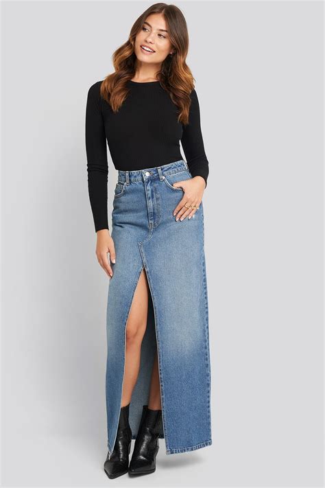 Front Split Maxi Denim Skirt Blue Na