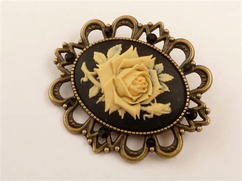 Cameo Brooch With Rose In Black Bronze Antique Jewelry Mid