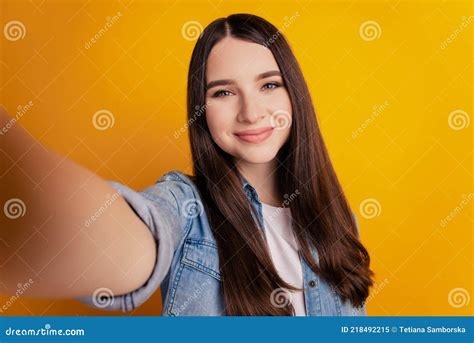 Close Up Of Young Beautiful Woman Taking Selfie On Yellow Wall Stock Image Image Of Model