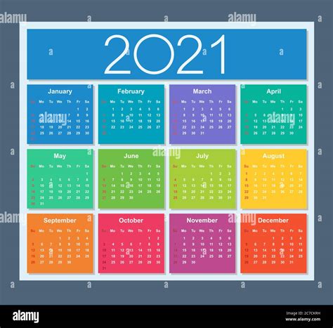 Colorido Calendario Del Año 2021 La Semana Comienza El Domingo Ilustración Vectorial Aislada