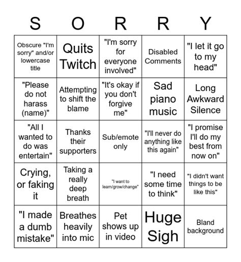 Youtuber Apology Video Bingo Card