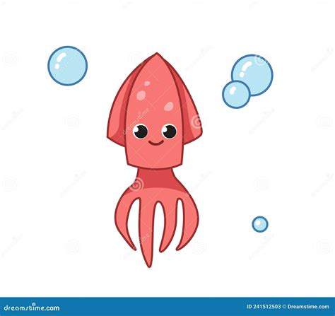 Cute Pink Squid With A Smile Vector Illustration Of A Sea Animal In A