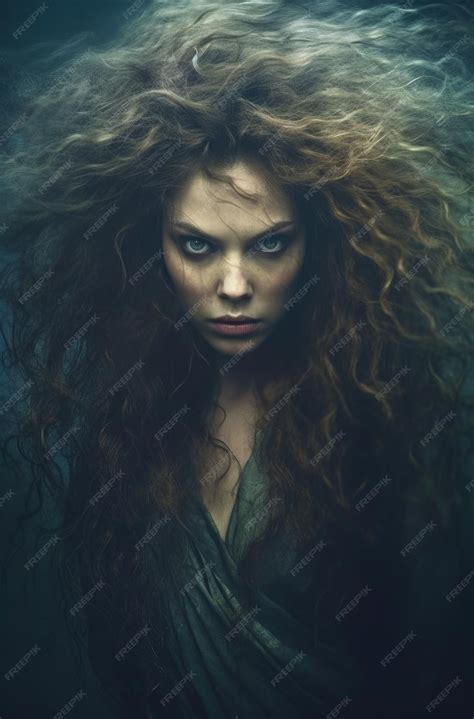Premium Ai Image A Woman With A Long Curly Hair And A Blue Eyes Looks Into The Camera