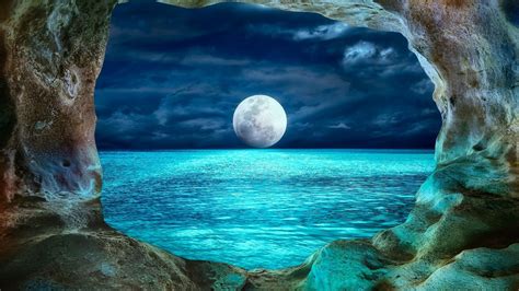 Download Ocean Cave Night Full Moon Nature Moon Hd Wallpaper