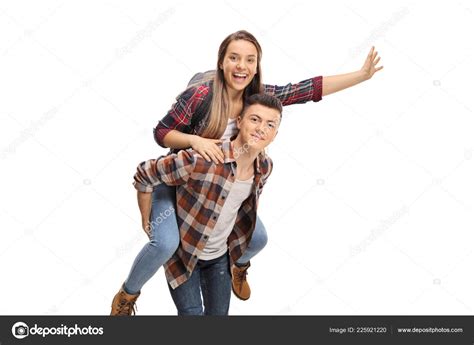 Teenage Boy Carrying Teenage Girl His Back Isolated White Background
