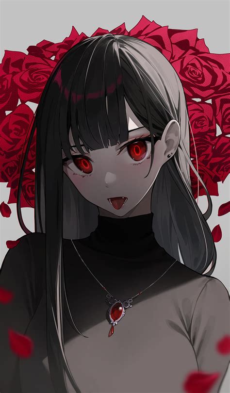anime anime girls star741 red eyes rose roses black hair tongue out pale hd phone