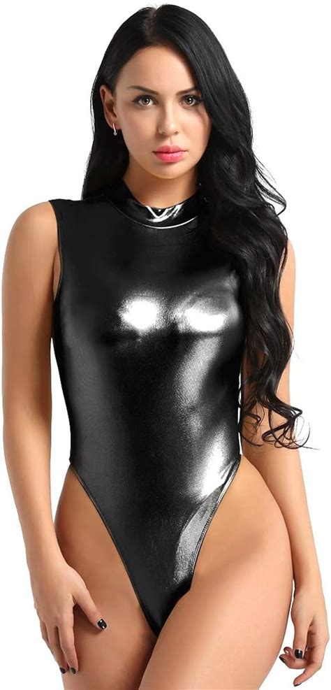 Dpois Women Faux Leather Wet Look High Cut Thongs Leotard Gymnastics Bodysuit Swimming Costume