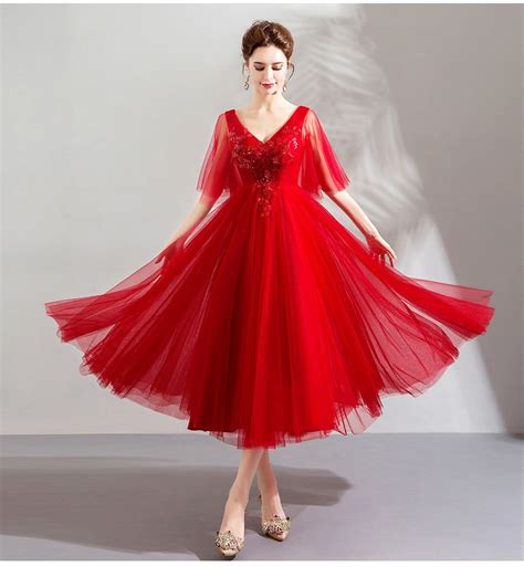 Cocktail Dress Red V Neck Tea Length A Line Prom Dress