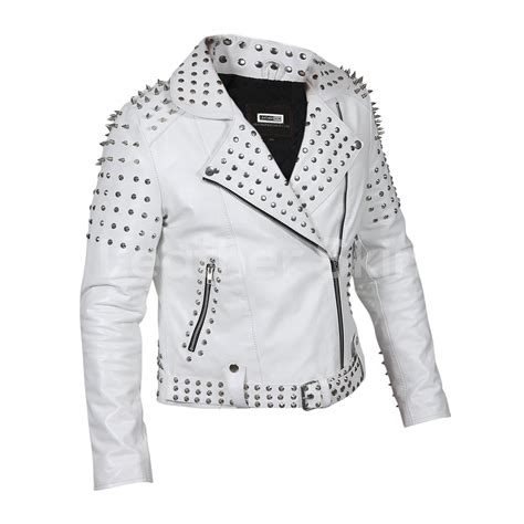 Women White Leather Jacket With Cone Tree Spikes Leather Skin Shop