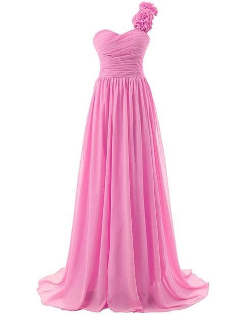Pink Long Chiffon Evening Dress Featuring Floral One Shoulder And