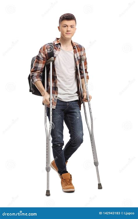 Male Student Walking With Crutches Stock Image Image Of Crutch