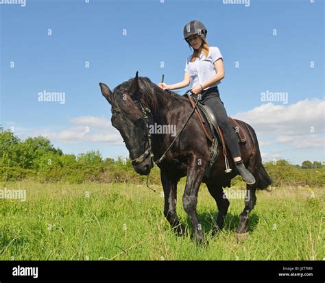 Young Riding Girl And Her Black Stallion In Nature Stock Photo Alamy