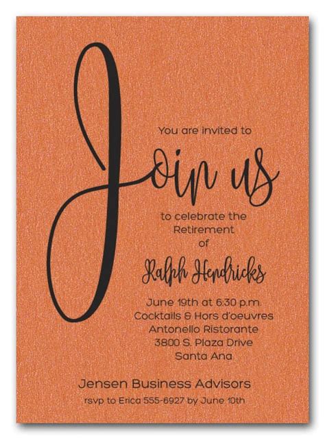 Apr 13, 2021 · a few ideas: Shimmery Orange Join Us Retirement Party Invitations