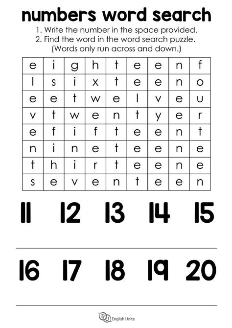 Numbers 11 20 Word Search Puzzle English Unite English Worksheets