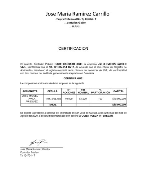 CertificaciÓn De ComposiciÓn Accionaria Lauser Sas Pdf Pdf