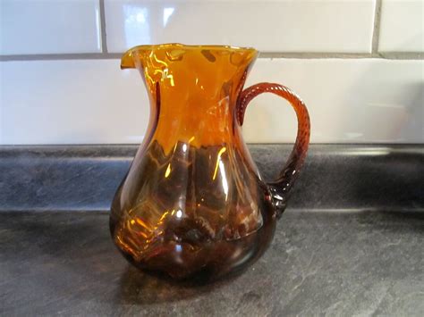 Vintage Burnt Orange Glass Pitcher With Twisted Applied Glass Etsy
