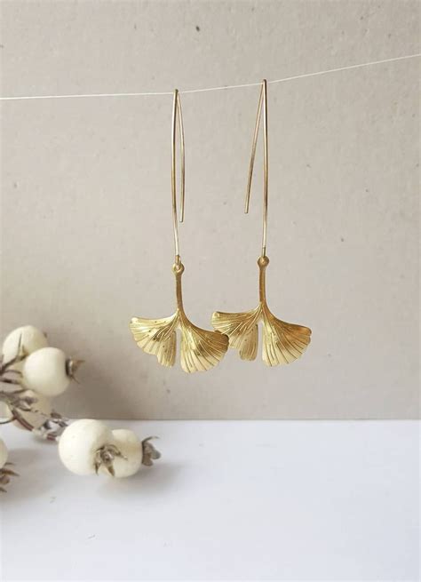 Ginkgo Leaf Earrings Gold Ginkgo Hoop Earrings Raw Brass Etsy