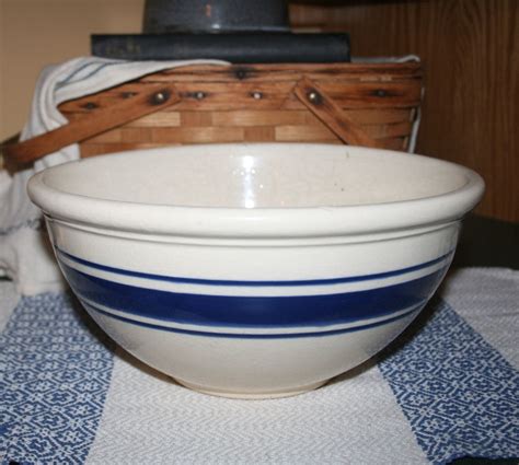 Vintage Large Weller Pottery Mixing Bowl Blue Band Stripe Utility Ware