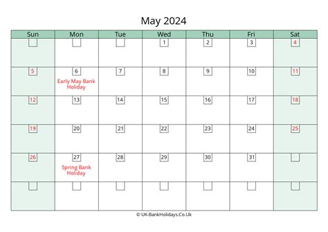 May 2024 Calendar Printable With Bank Holidays Uk