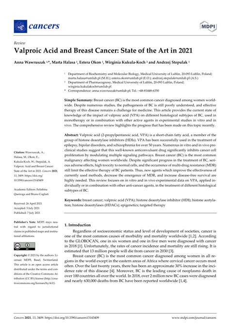 Pdf Valproic Acid And Breast Cancer State Of The Art In 2021