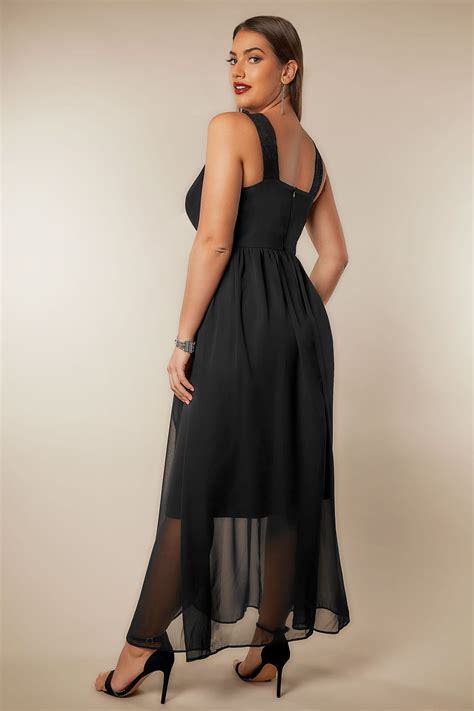 Black Chiffon Maxi Dress With Wrap Front Lace Details Plus Size To