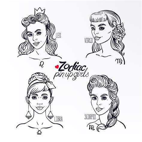 Premium Vector Set Of Four Zodiac Signs As A Girls In The Pin Up