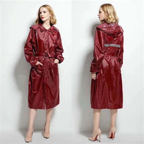 Long Red Stylish Raincoat Hooded Women Waterproof Breathable Ladies