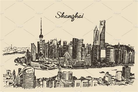 Shanghai City Skyline China Vectorillustrationstylevintage