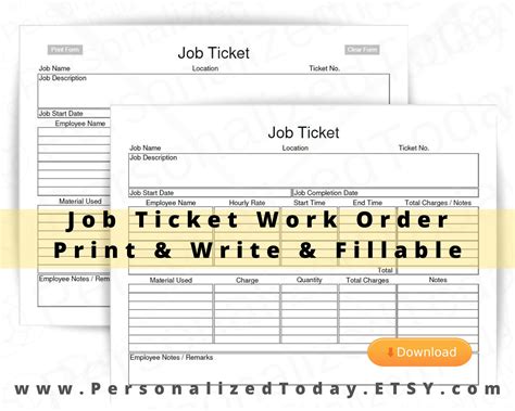 PDF Job Ticket Work Order Form Fillable Printable Only and - Etsy.de