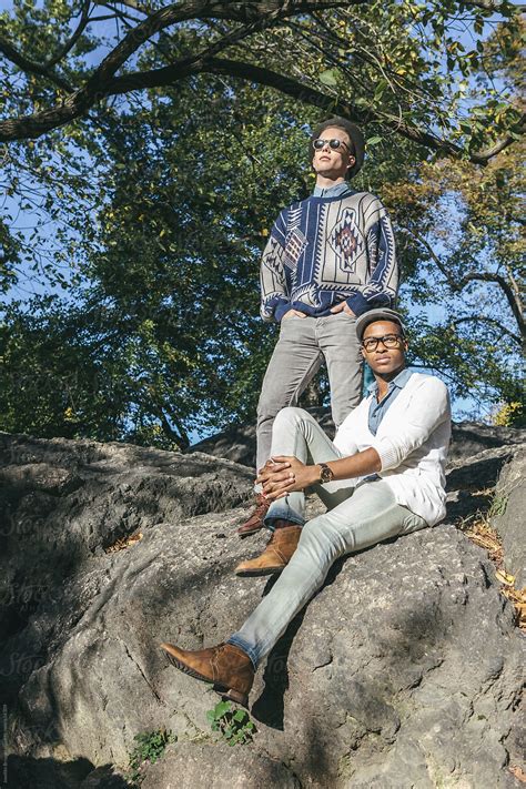 Full Body Men Fashion Portrait Of Young Gay Couple In New York Central