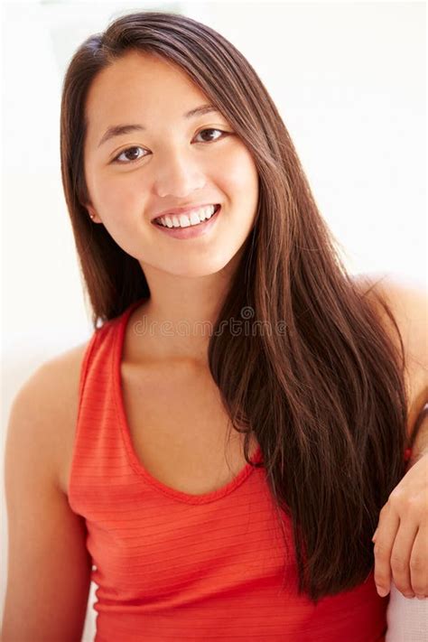 Portrait Of Asian Woman Relaxing Sitting On Sofa Stock Photo Image Of Copy Looking