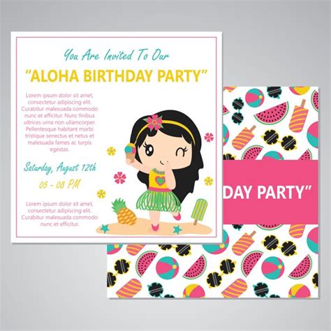 Premium Vector Cute Aloha Girl Party For Birthday Card Set