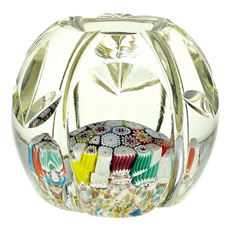 Fratelli Toso Murano Glass Paperweight Faceted Millefiori Chairish