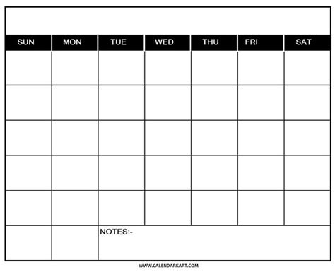 Printable Blank Calendar Template With Notes Section Blank Calendar