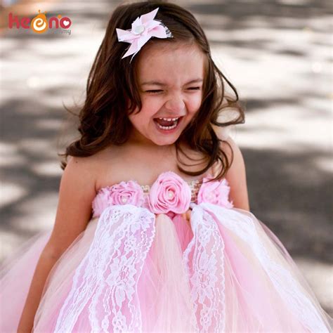 Pink Flowers Girl Tutu Dress With Lace Accent Elegant Princess Girls