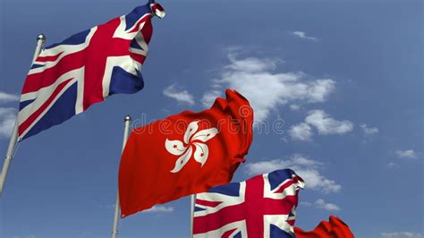 Row Of Waving Flags Of Hong Kong And The United Kingdom 3d Rendering