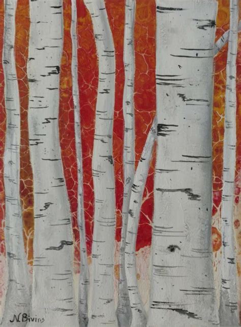 Abstract Birch Trees In Autumn Colors Acrylic Canvas Painting 11 X 14