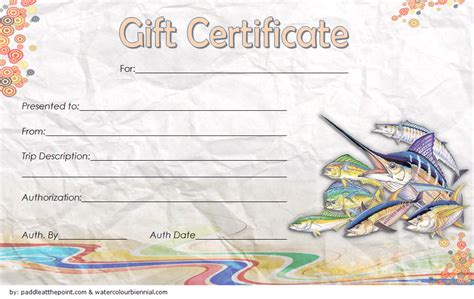 Use templates for gift certificates to create a printable gift certificate, personalized with the recipient's name, gift description, event, and more. Fishing Trip Gift Certificate Template FREE 1; fishing certificates, fishing gift certificate ...