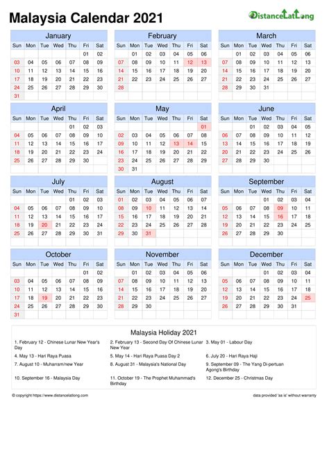 Calendar Horizontal Grid Sunday To Saturday Bank Holiday Malaysia A4