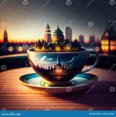 Tea Cityscape: a Magical World within a Cup. Stock Illustration